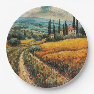 Goldene Toskana-Wildblumen-Landschaft Pappteller