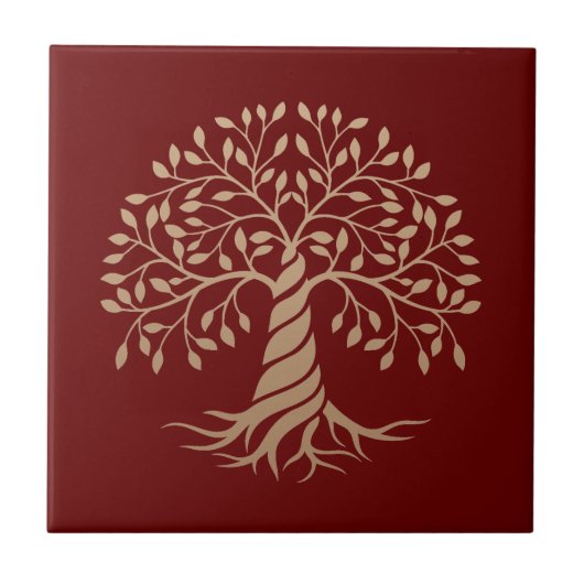 Goldene Tree of Life Roter Hintergrund Grafische K Fliese (Vorderseite)