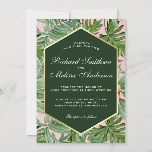 Goldene Tropen-grüne Blätter zum Hochzeitsfeiern Einladung (Vorderseite)