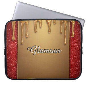 Goldene, tropfende Glitter-Rahmen auf rotem funkel Laptopschutzhülle