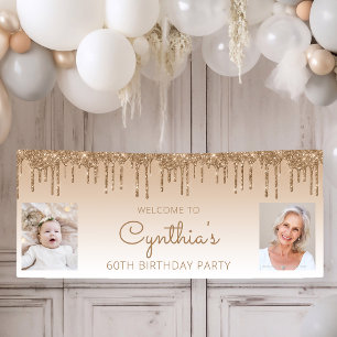 Goldene tropfende Glitter Zwei Foto 60. Geburtstag Banner