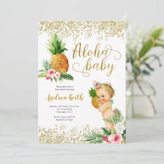 Goldene Tropische Ananas Girl Blonde Kinderdusche  Einladung (Stehend Vorderseite)