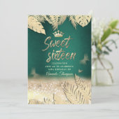 Goldene tropische Blätter Glitzer Schmetterling Ti Einladung (Stehend Vorderseite)