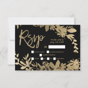 Goldene Typografie Blatt Blütenschwarze uAwg Hochz RSVP Karte