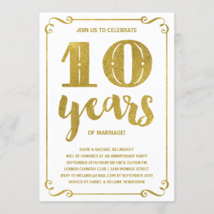 Goldene Typografie   Faux-Folie 10. Hochzeitsjubil Einladung