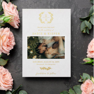 Goldene Typografie Lorbeerkranz-Monogramm-Foto Folieneinladung