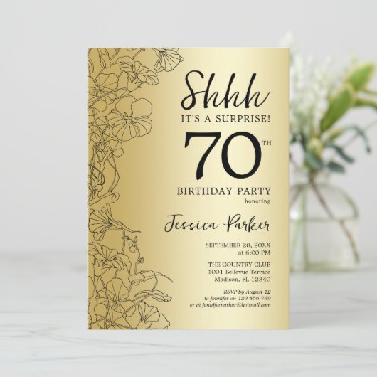 Goldene Überraschung 70. Geburtstag Einladung (Stehend Vorderseite)