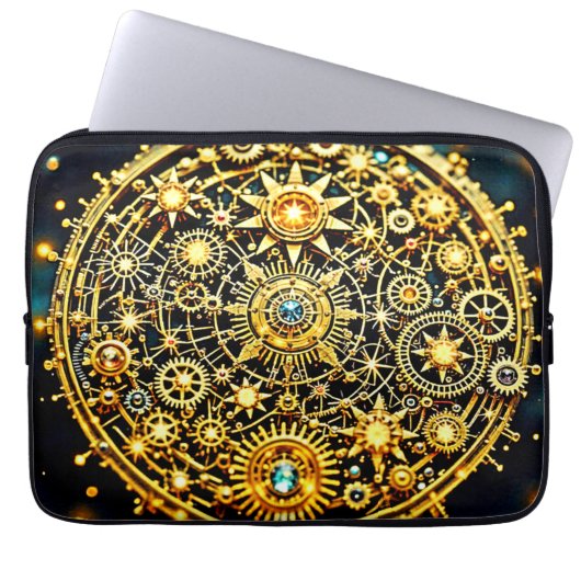 Goldene Uhrwerks-Himmels-Kunst Laptopschutzhülle (Vorderseite)