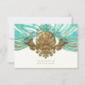Goldene und Aquamarine Muschel Glam Beach Elegante RSVP Karte (Rückseite)