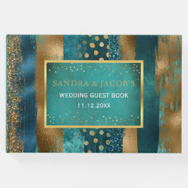 Goldene und aquamarine Pinselstriche und Konfetti- Gästebuch