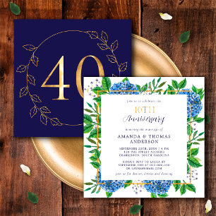 Goldene und blaue Hortensie 40. Hochzeitstag Einladung
