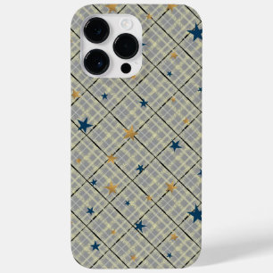 Goldene und blaue Sterne auf grauem karierten Hint Case-Mate iPhone 14 Pro Max Hülle