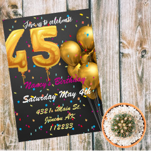 Goldene und farbenfrohe Glitzer-Ballons 45. Geburt Einladung
