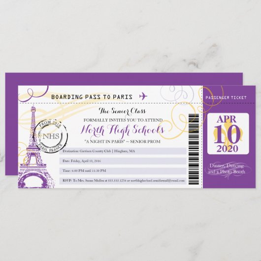 Goldene und Lila Nacht in Paris School Prom Einladung (Vorne/Hinten)