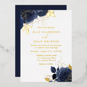 Goldene und marineblaue Rosen Hochzeit Echtgold Folieneinladung