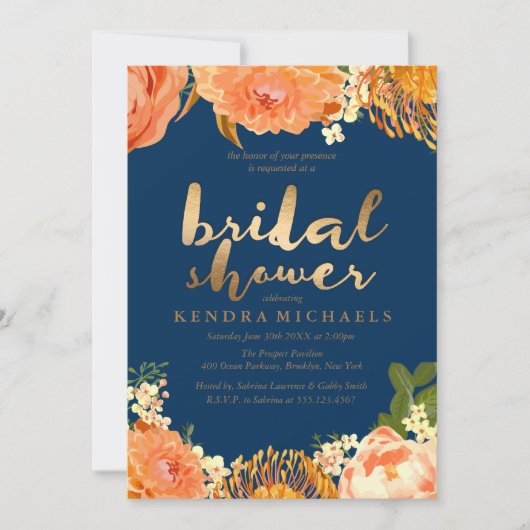 Goldene und orange Blumendusche Einladung (Vorderseite)
