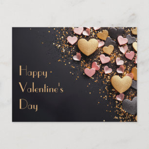 Goldene und rosa Herzen auf schwarzem Grund Valent Postkarte