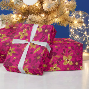 Goldene und rosa Weihnachts-Poinsettien-Blumen Geschenkpapier