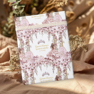 Goldene und rosafarbene Tiara Floral Quinceañera Geschenkpapier