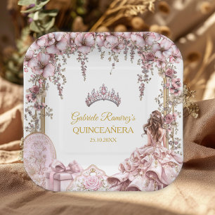 Goldene und rosafarbene Tiara Floral Quinceañera Pappteller