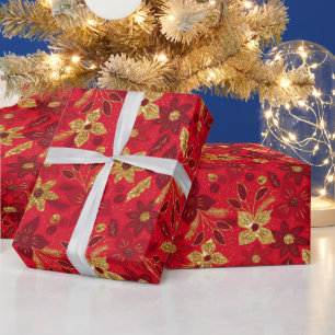 Goldene und rote Weihnachtspoinsettien-Blumen Geschenkpapier