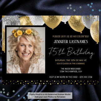 Goldene und schwarze 75. Geburtstag Foto Einladung