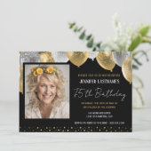 Goldene und schwarze 75. Geburtstag Foto Einladung (Stehend Vorderseite)