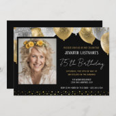Goldene und schwarze 75. Geburtstag Foto Einladung (Vorne/Hinten)