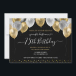 Goldene und schwarze 75. Geburtstagsfeier Einladung<br><div class="desc">Elegante Imitate Silber und Gold Glitzer Ballons an der oberen Grenze. Alle Texte sind individuell einstellbar und lassen sich für Ihr eigenes Party leicht ändern. Das elegante Design der Geburtstagsgeschenke,  jedes Jahr,  das Alter kann verändert werden</div>