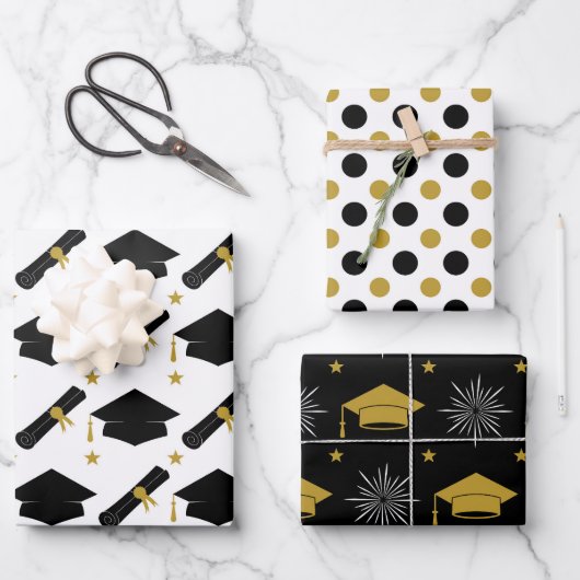 Goldene und schwarze Abschlussfeier  Geschenkpapier Set (Vorderseite)