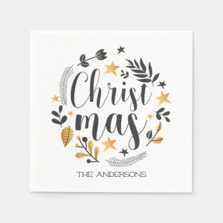 goldene und schwarze botanische Darstellung Weihna Serviette