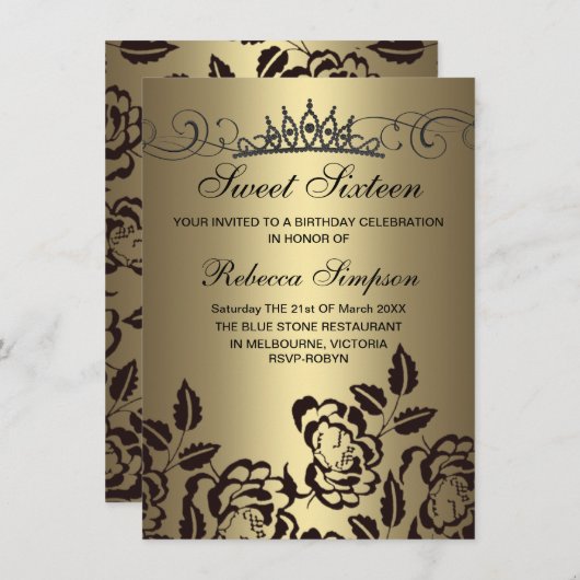 Goldene und schwarze Rose & Tiara Einladung zum Ge (Vorne/Hinten)