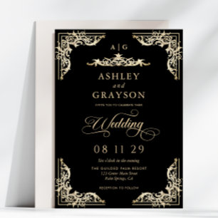 Goldene und schwarze Vintage-Barock-Hochzeit Einladung