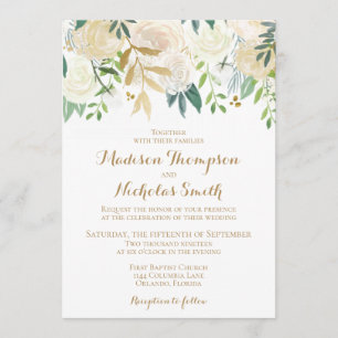 Goldene und weiße Blumen-Hochzeitseinladungskarte Einladung