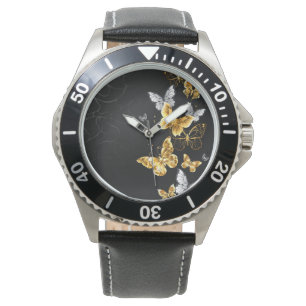 Goldene und weiße Schmetterlinge Armbanduhr