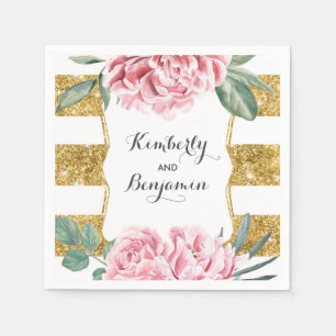 Goldene und weiße Streifen Rosa Vintage-Blumen Hoc Serviette