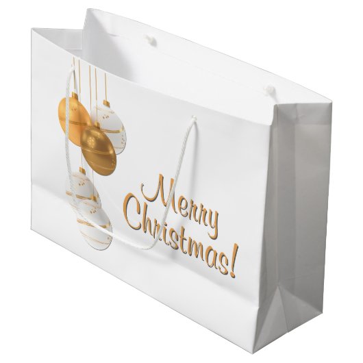Goldene und weiße Weihnachtskugeln mit individuell Große Geschenktüte (Vorderseite Schrägansicht)