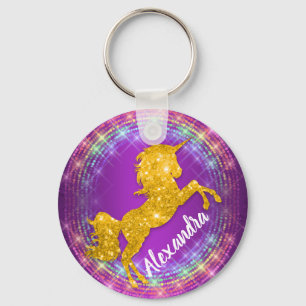 Goldene Unicorn-Regenbogen-Glitzern lila Schlüsselanhänger