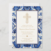 Goldene Verzierte Cross Blue Mediterrane Tile Tauf Einladung (Vorderseite)