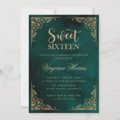 Goldene Verzierte Grenze Grünes 16 . Geburtstag 16 Einladung (Vorderseite)