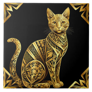 Goldene Verzierte Katzenillustration Fliese
