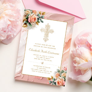 Goldene verzierte Kreuz Pfirsich Rosa Floral Mädch Einladung