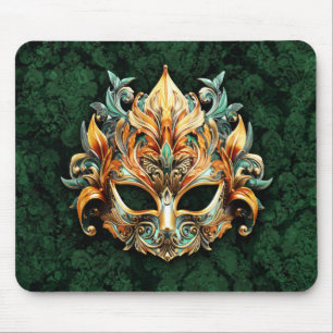 Goldene verzierte Maske auf Waldgrünem Hintergrund Mousepad