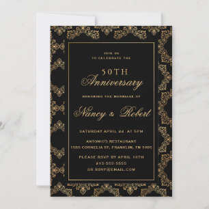 Goldene verzierte Rahmen Schwarz 50. Hochzeitstag Einladung