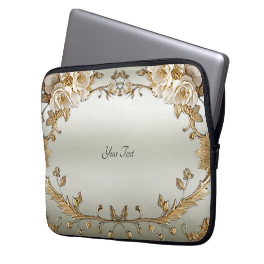 Goldene Verzierte weiße Blume Laptop-Sieb Laptopschutzhülle (Vorderseite Links)