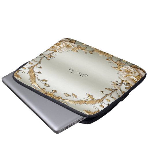 Goldene Verzierte weiße Blume Laptop-Sieb Laptopschutzhülle (Vorne Knopf)