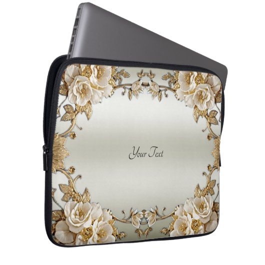 Goldene Verzierte weiße Blume Laptop-Sieb Laptopschutzhülle (Vorne Rechts)