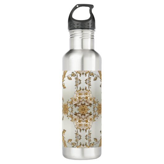 Goldene Verzierte weiße Blume Wasser Flasche Edelstahlflasche (Vorderseite)
