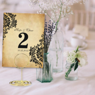 Goldene Vintage-Damask-Tischnummernkarten mit Schw Postkarte