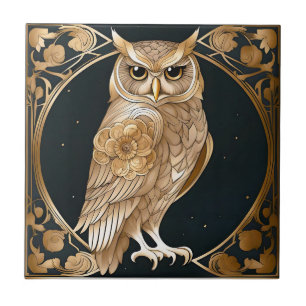 Goldene Vintage-Eule Art Deco Fliese